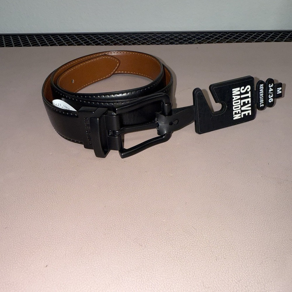Steve‎ Madden Reversible Black Brown Leather Belt Mens M 34-36 Matte Buckle NWT